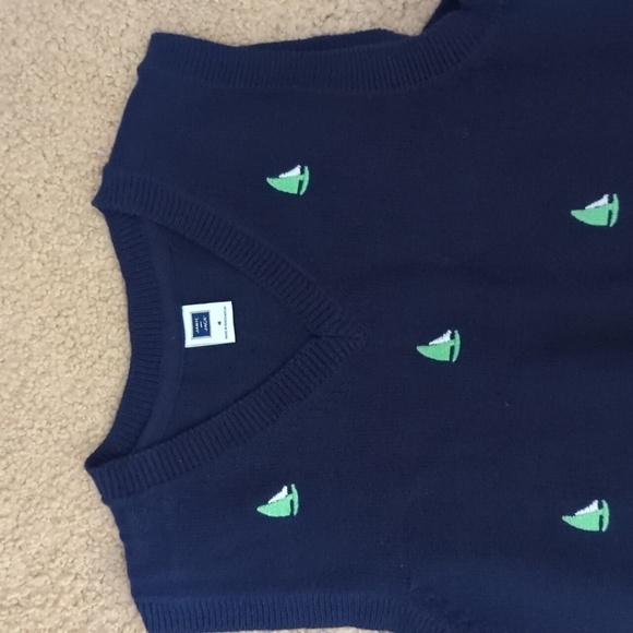 Janie & Jack Navy with Green Sailboats V Neck Sweater Vest Size 4 - Picture 2 of 6